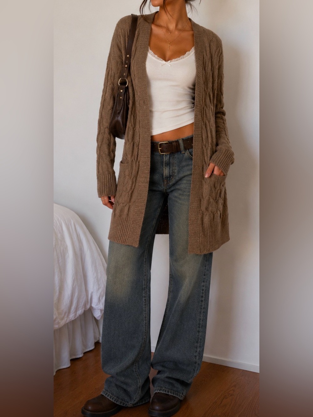 Pink Rose Tan Cable Knit Open-Front Long Cardigan